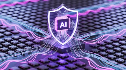 Glowing ai shield protecting digital network with flowing data streams