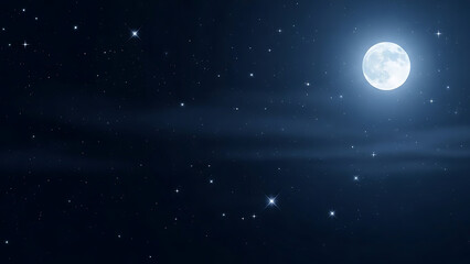 A bright full moon illuminates a dark, starry night sky with faint clouds