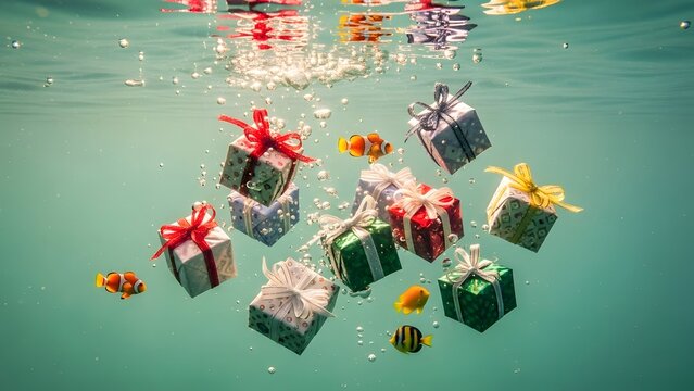 Wrapped Gift Boxes Floating Underwater with Tropical Fish and Light Reflections