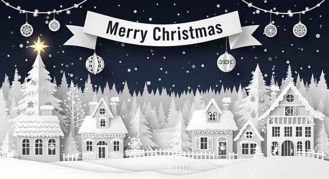 Paper cut style merry christmas greeting card with white village houses, snowy forest, falling snow, and festive ornament banner in dark blue night sky - Powered by Adobe