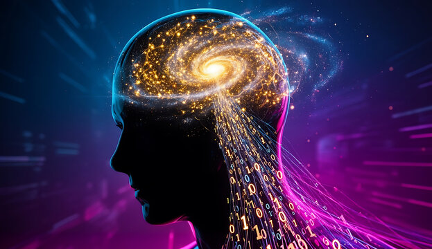 Digital mind with glowing galaxy brain and binary data streaming for ai.