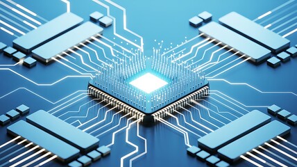 Close up of a glowing central processor chip on a blue circuit board