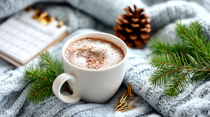 Cozy winter morning with a warm cocoa, pine branches, and a cozy knitted blanket, perfect for festive planning and holiday vibes.