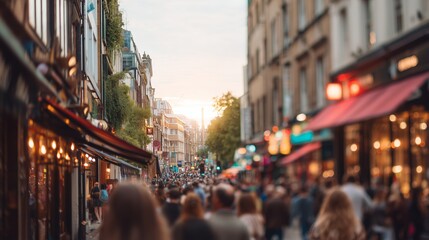 Busy street in the city during sunset filled with people and lively shops