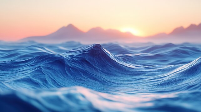 Hyper-Realistic 3D Render of Blue Waves with Orange Glow, Blurred Mountains and Gradient Sky in Low Angle Wide Shot, Cinema 4D, Super Detailed