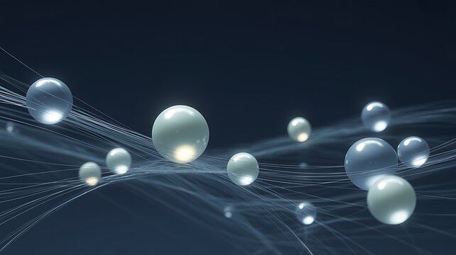 Abstract glowing spheres floating on a dark digital network background