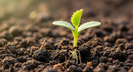 Tiny green seedling emerging from rich dark soil with morning dew drops glistening