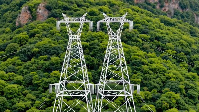 Two large steel transmission towers above a dense green forest