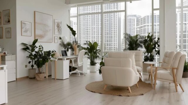 Bright open office with plants work desks and ergonomic chairs designed for collaborative work and creative use of space