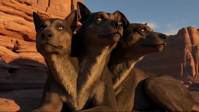Mythical three headed wolf creature resting in a sunlit red rock desert canyon