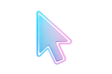 Neon glowing cursor pointer icon with blue and pink gradient lighting, representing navigation, clicking, modern technology