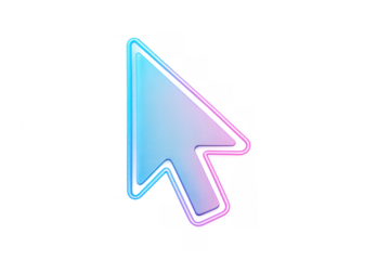 Neon glowing cursor pointer icon with blue and pink gradient lighting, representing navigation, clicking, modern technology