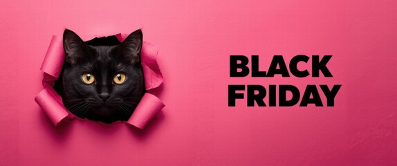 Whimsical Black Friday announcement featuring a sleek black cat playfully bursting through a pink paper wall, perfect for eye-catching holiday promotions.