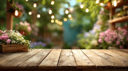 Wooden table with a blurred garden background with festive lights and flowers. Outdoor party setup. Summer celebration and garden party concept. Design for invitation, poster, banner. High quality