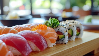 Delicious Assorted Nigiri and Maki Sushi on Wooden Serving Board. Ai Generated Images