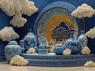 Elegant Blue-and-White Porcelain Chinese Style Display Scene 3D Render with Dragon Phoenix Patterns and Cloud Ornaments.
