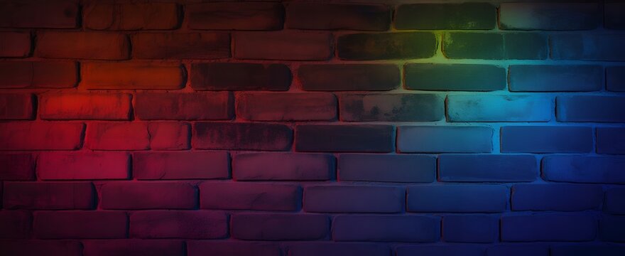 Vibrant brick wall illuminated with a colorful gradient of red, green, and blue neon lights, creating a dynamic and moody background texture - Powered by Adobe