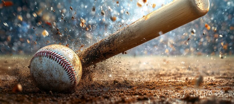 Intense Baseball Moment Wooden Bat Slams Baseball, Creating a Dust Explosion on the Field