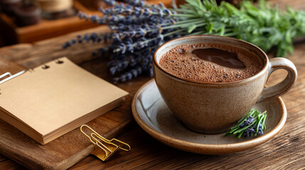 Savor a rich, comforting cup of hot chocolate with a sprig of fresh lavender and an open notebook, perfect for cozy moments and creative inspiration.