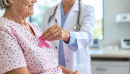 Gentle Doctor Applying Pink Ribbon to Senior Woman for Breast Cancer Awareness. Ai Generated Images