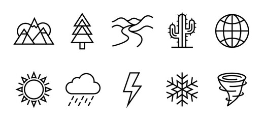 A collection of ten minimalist black outline icons depicting various natural landscapes, climate conditions, and global symbols for use in design projects.
