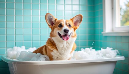 Cute Corgi Puppy Relaxing in a Bubble Bath Tub Indoors. Ai Generated Images