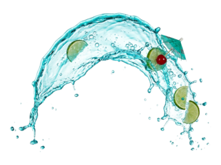 Blue liquid splash with lime and cherry. isolated on transparent background