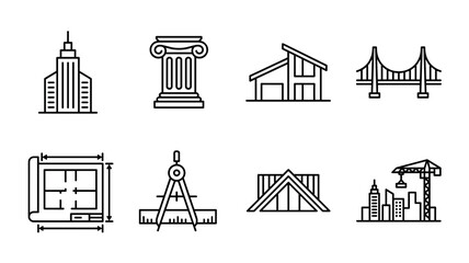Fototapeta premium A set of eight minimalist black outline icons depicting various architectural elements like a skyscraper, column, house, bridge, blueprint, compass, roof truss, and city construction site.