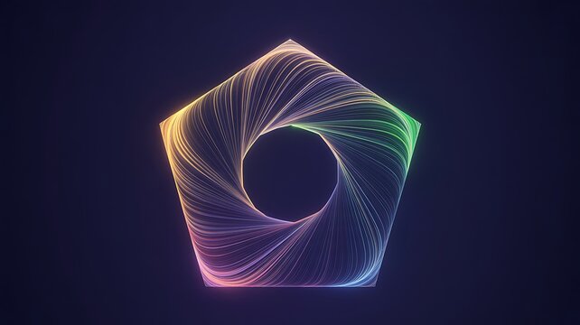 Abstract glowing pentagon shape with colorful light trails on dark background