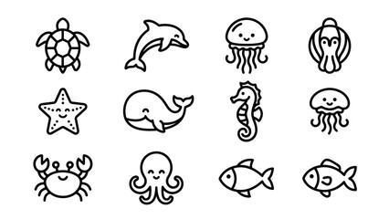 A charming set of twelve distinct, hand-drawn style black line art icons depicting various adorable marine life forms, perfect for educational or playful digital design projects.