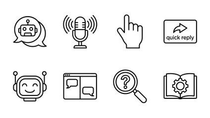 A collection of eight black outline icons representing artificial intelligence, voice command, user interaction, search function, quick response, and technical manual documentation.