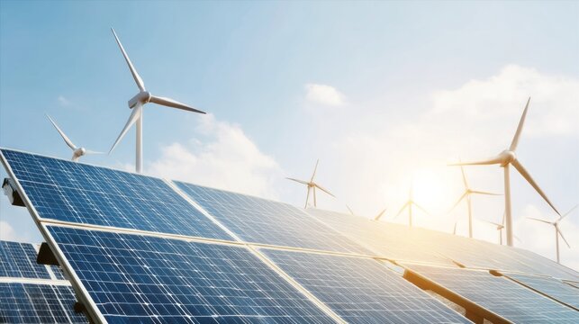 Wind turbines spin gently in the breeze while solar panels soak up sunlight. This scenic view showcases renewable energy technology in a bright, clear sky