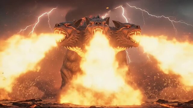 Mythological three headed hound guarding a fiery underworld with lightning