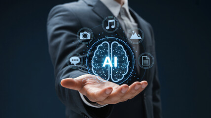 Artificial intelligence brain interface presented by professional with digital media icons