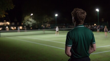 A man dressed in a vibrant green shirt stands observing tennis players practicing on a bright court at night. The atmosphere is lively with spectators enjoying the game