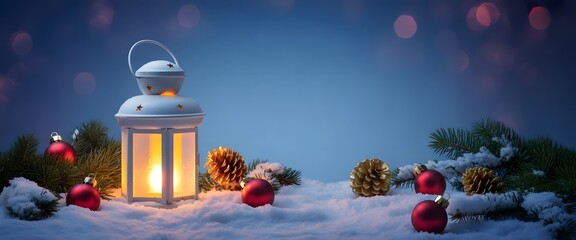 Cozy christmas lantern in snow, surrounded by festive red ornaments, evergreen, and pinecones, with a blue bokeh background