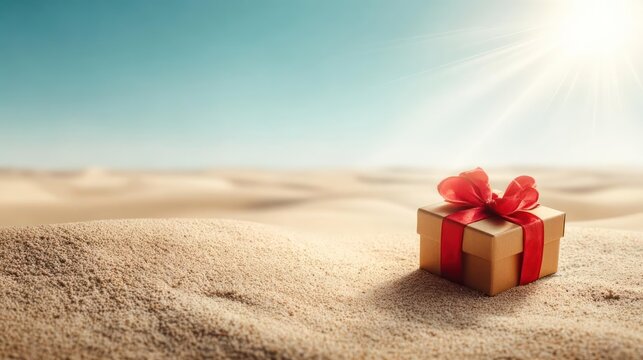 A small beautifully wrapped gift box with a red ribbon sits on a sandy beach under a bright blue sky