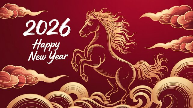 Golden horse symbolizing 2026 chinese new year celebration with clouds