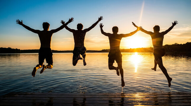 Freedom and friendship concept with four silhouetted young men jumping off a dock into a lake during a vibrant sunset.