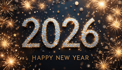 Greetings card with 2026 text and ornaments. 