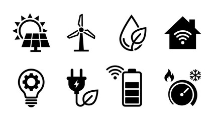A collection of eight minimalist black icons illustrating concepts like solar power, wind energy, water conservation, smart home, energy efficiency, plug, battery, and thermostat control.