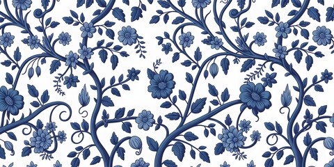 Beautiful seamless pattern featuring delicate blue flowers and winding branches in a classic chinoiserie style, isolated on white background