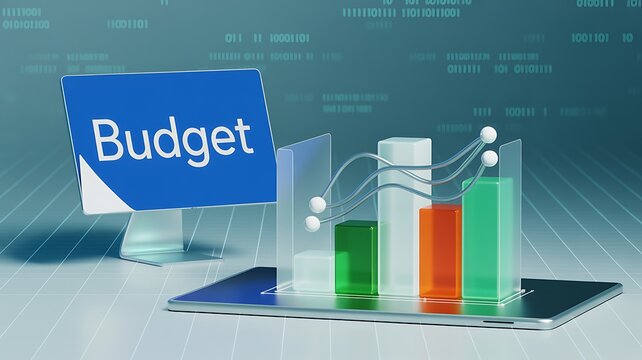 Financial budget planning and analysis with bar chart and graphs - Powered by Adobe