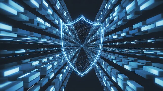Glowing neon shield symbolizing digital security and data protection in a futuristic tunnel