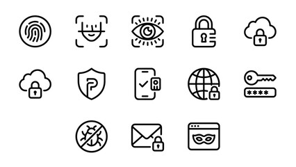 A collection of minimalist black outline icons illustrating various security themes like fingerprint scan, face recognition, eye scan, lock, cloud security, shield, mobile verification, global protect
