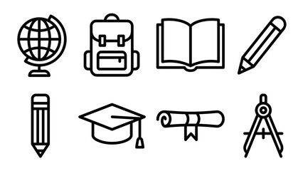 A collection of eight simple black line art icons representing various school supplies and academic symbols like a globe, backpack, book, pencil, graduation cap, diploma, and compass.