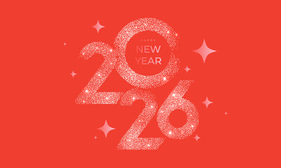 Obraz premium Happy New Year 2026 beautiful sparkling design of numbers and stars on bright red background. Modern winter holiday greeting banner, poster or greeting card template.