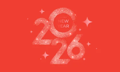 Selbstklebende Fototapeten Sportgeschäft Happy New Year 2026 beautiful sparkling design of numbers and stars on bright red background. Modern winter holiday greeting banner, poster or greeting card template.  © Tanya Shulga