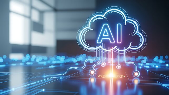 Glowing ai cloud symbol emerging from futuristic circuit board