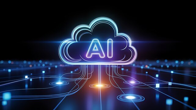 Glowing ai cloud symbol emerging from digital network circuitry